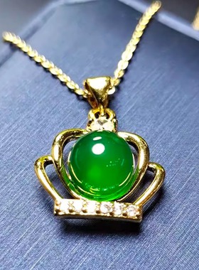 天然高冰种玛瑙玉髓镶嵌小皇冠锁骨项链吊坠挂件时尚女款玉坠项链