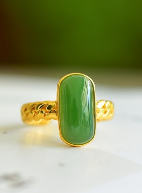 s925银镶嵌新疆和田玉碧玉桥形戒指指环时尚女款玉石戒圈饰品