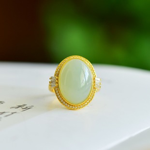 s925银镶嵌和田玉且末蓝蛋面戒指简约时尚气质百搭款指环饰品