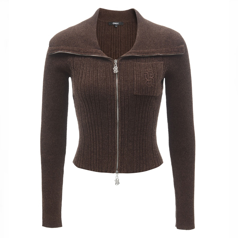 商场同款ONLY2024春季新款大翻领螺纹修身显瘦针织衫女124113039