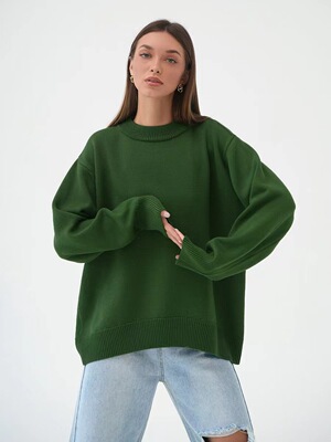 欧美风百搭宽松休闲圆领针织毛衣Solid Loose Round Neck Sweater