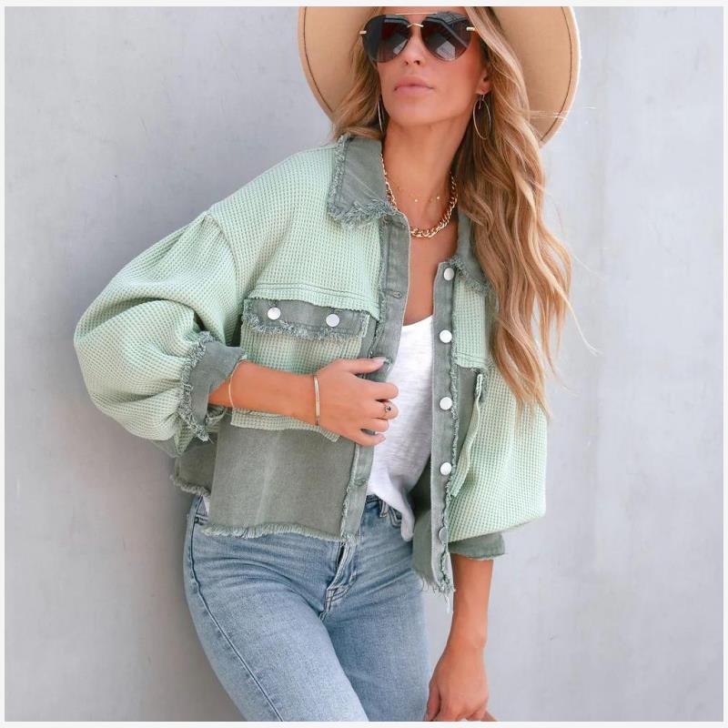 Women's fashion ins waffle denim patchwork loose jacket coat