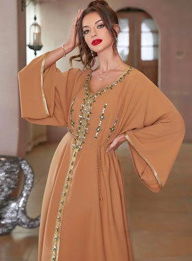 欧美新款V领手工缝钻系带连袖连衣裙hand stitched diamond dress