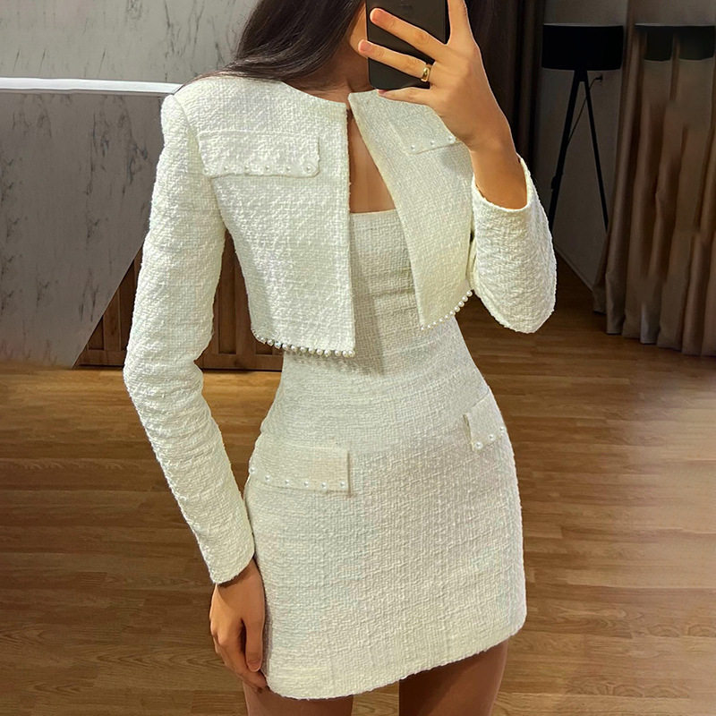 Slimming strapless dress for women小香长袖外套抹胸洋装女