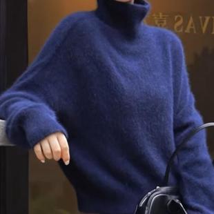 MONLOUVE韩系复古高级感深蓝色高领长袖毛衣针织衫女秋冬款慵懒风