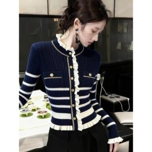 MONLOUVE高级感绝美藏蓝色条纹长袖掐腰毛衣针织衫女秋冬款小个子
