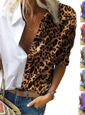 2020秋冬ebay亚马逊wish欧美长袖印花拼接豹纹宽松胖MM大码衬衫女