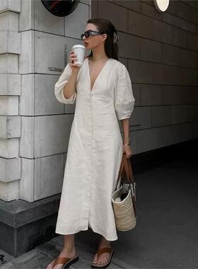2023Women Linen Dress Puff Sleeve Long Backless Button Dress