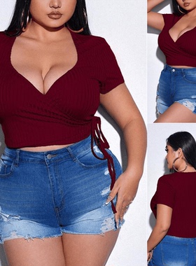 Plus size Women's Sexy Deep V-neck t-shirt Summer tops 上衣