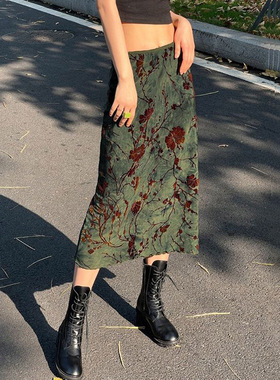 Floral Print Vintage Green Mid Skirts Women Y2K High Street