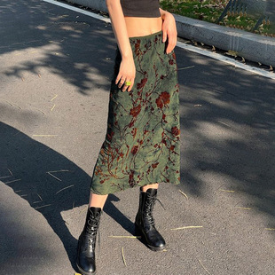 Floral Print Vintage Green Mid Skirts Women Y2K High Street