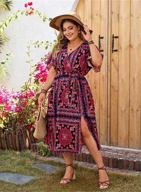 Printed Bohemian long dress summer beach resort dress women