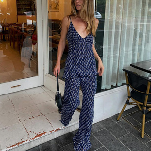 新款高个子炸街无袖V领吊带阔腿长裤性感辣妹时尚两件套装印花女