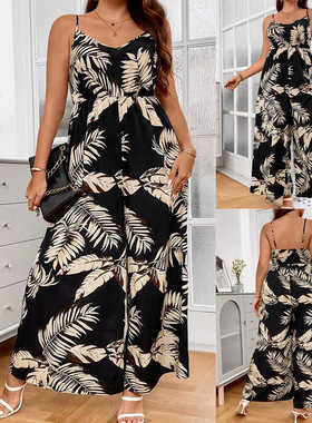 Plus size women summer suspenders wide legged jumpsuits 裤子