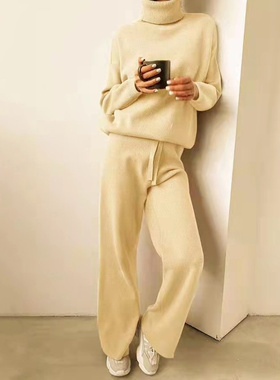 Winter turtleneck sweater pants two piece women knit suit 女