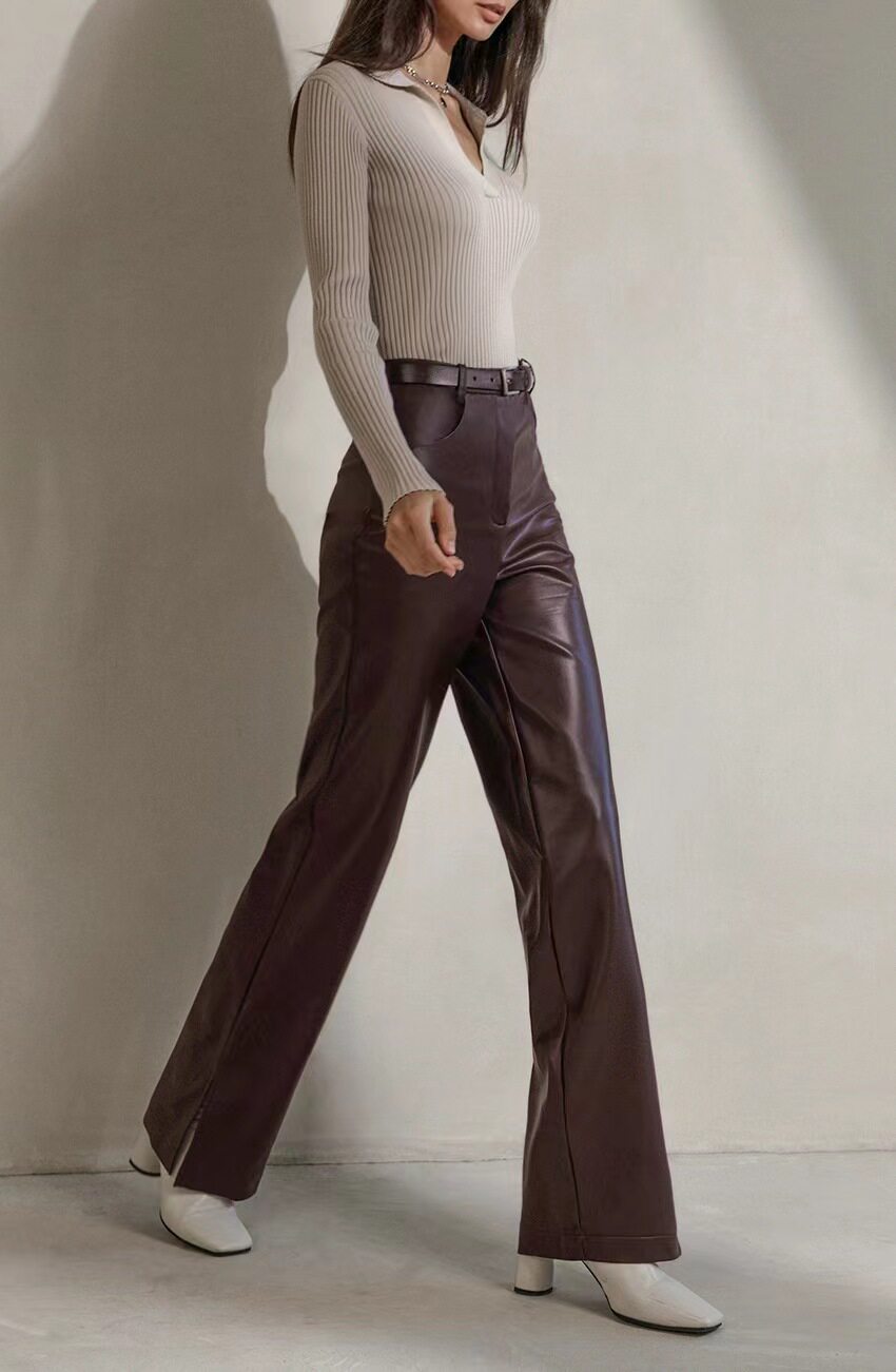 欧美秋冬高腰开叉休闲直筒裤PU皮裤Slit high waist casual pants