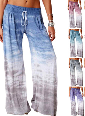 2020年欧美亚马逊女装宽松渐变色印花瑜伽阔腿运动胖MM大码长裤子