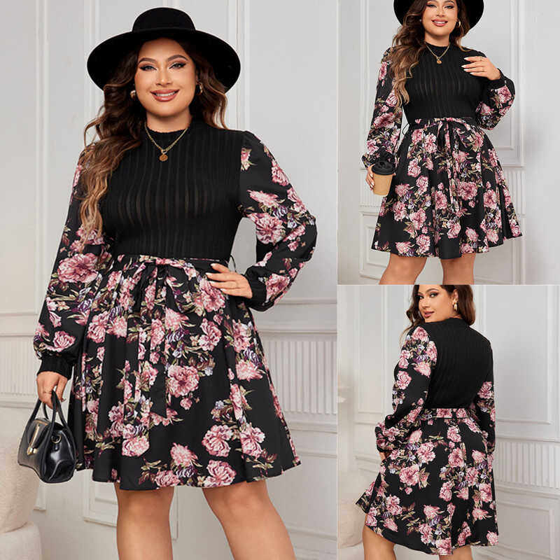 XL-4XL women dresses plus size ladies skirt 长袖收腰连衣裙女