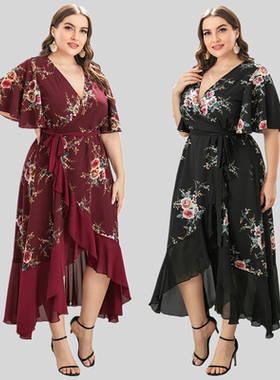Plus Size Evening gown Fat Women Printed Chiffon long dress