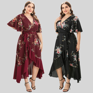 Plus Size Evening gown Fat Women Printed Chiffon long dress
