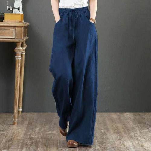 Women Casual Wide Leg Pants Cotton Linen Trouser高腰拖地女裤