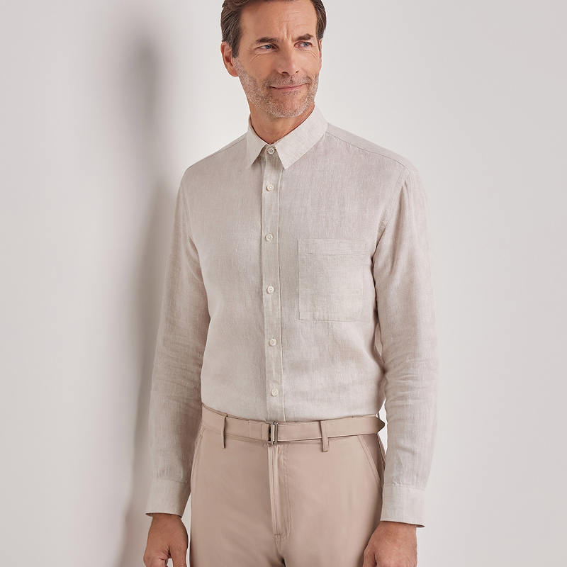【26春夏新品】CANALI康纳利米色亚麻带胸袋宽松版型男士衬衫