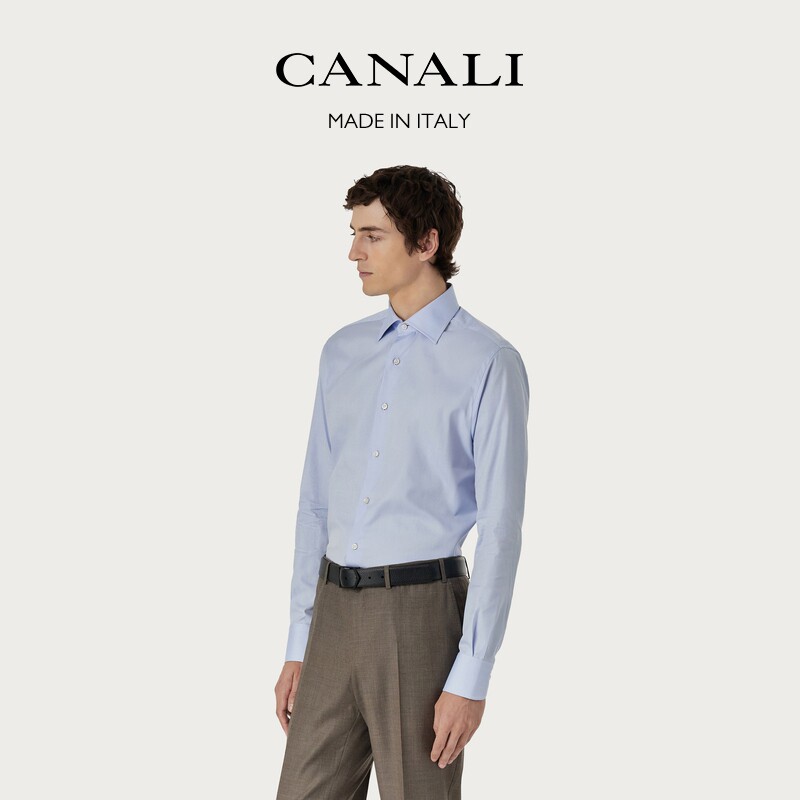CANALI康纳利 浅蓝色珠地棉长袖修身男士衬衫