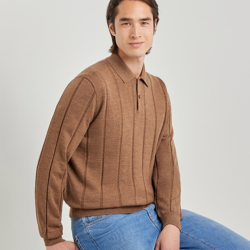 【26秋冬新品】CANALI康纳利赭色美利奴羊毛结构化罗纹男士Polo衫