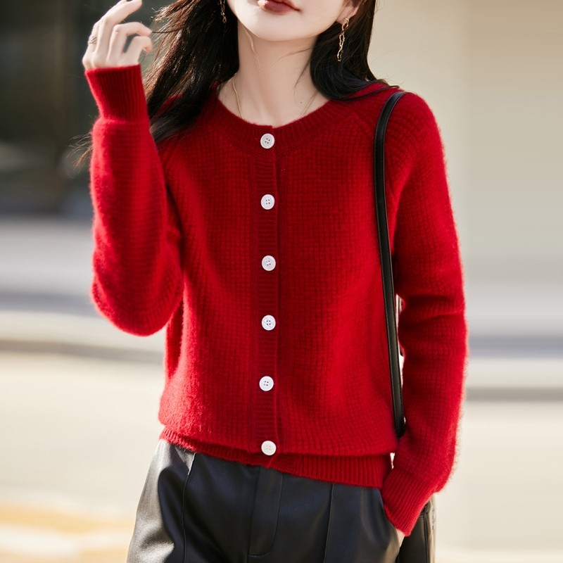 鄂尔多斯市100%纯山羊绒衫女圆领加厚宽松慵懒风针织开衫毛衣外套