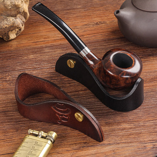 真皮加铜配件烟斗座 手工制作男士便携旅行耐磨单斗支架烟斗工具