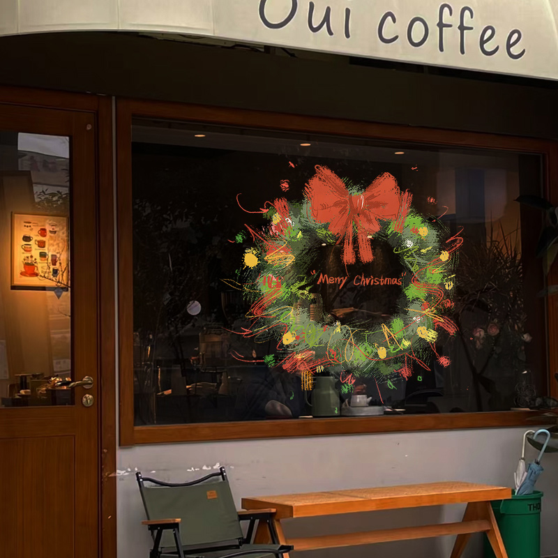 圣诞节花环装饰场景布置玻璃门贴纸橱窗贴画咖啡店圣诞树静电窗花