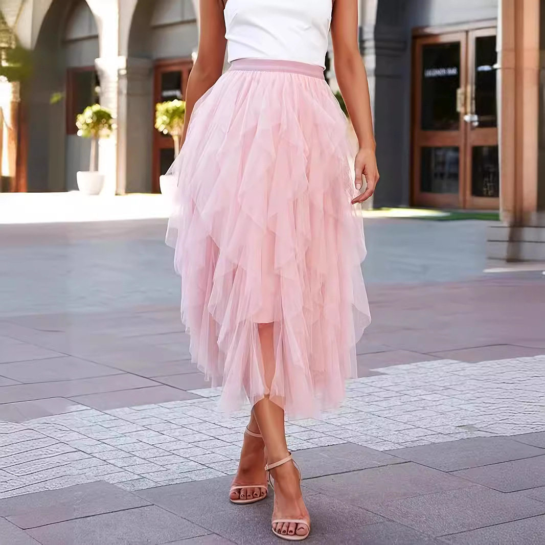 韩版松紧腰时尚百搭网纱拼接中长款高腰半身裙S-5XL多码荷叶边裙