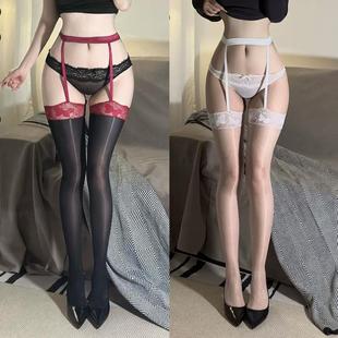 蕾丝吊带丝袜蝶梦红边黑丝女超薄极光油亮花边过膝袜性感长筒袜子