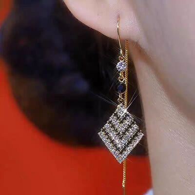 韩式潮流精致满钻超闪几何菱形流苏耳线个性冷淡风气质重工耳饰品