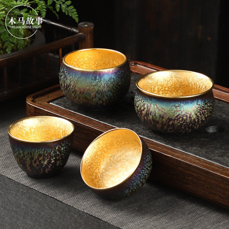 纯金建盏茶杯主人杯柴烧七彩天目鎏金陶瓷功夫茶具茶盏一对杯送礼