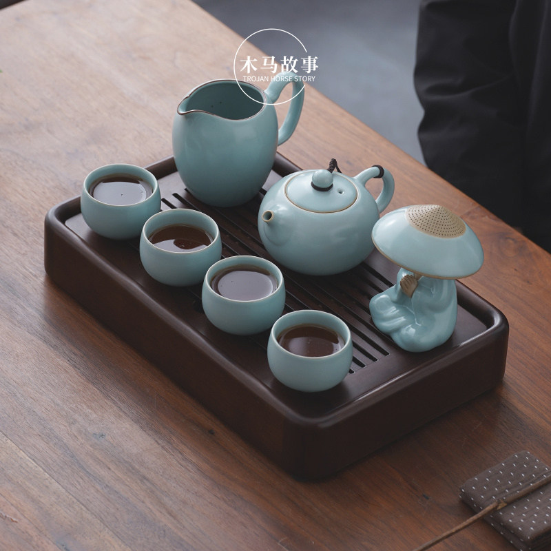 汝窑功夫茶具套组高档陶瓷泡茶壶一壶四杯茶盘景德镇整套新款送礼