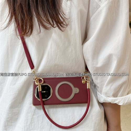 适用荣耀magic V6手机壳折叠屏magic V5保护套OPPO find N6 N5新款酒红全包中轴一体支架斜挎挂绳华为mate X6