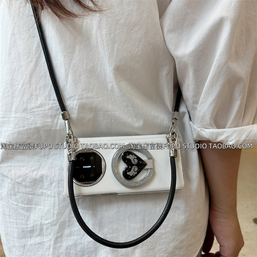 适用华为Mate X7手机壳折叠屏X6典藏版保护套X5白色素皮中轴全包皮壳闪粉爱心磁吸支架防摔气质女生斜挎挂绳