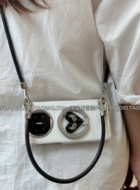 适用华为Mate X7手机壳折叠屏X6典藏版保护套X5白色素皮中轴全包皮壳闪粉爱心磁吸支架防摔气质女生斜挎挂绳