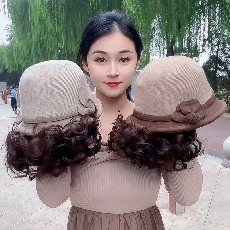 秋冬新款假发一体渔夫帽