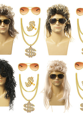 亚马逊欧美男士黑色假发混色乌鱼中长发万圣节朋克假发重金属嘻哈