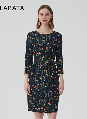 MALABATA连衣裙新夏显瘦文艺花纹圆领收腰系带MA251L031202