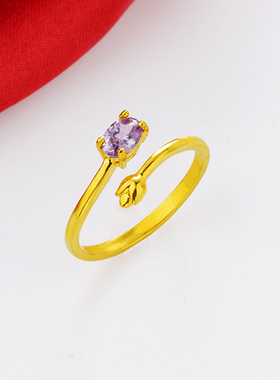 越南沙金戒指女玫瑰花镀金开口戒子仿黄金色镶皓石彩钻手指环个性