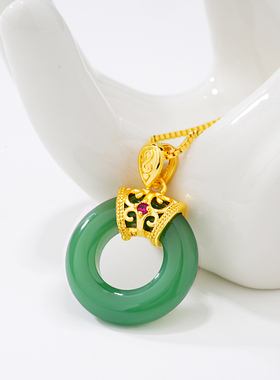 新款越南沙金项链女款镶嵌玉石金镶玉平安扣久不掉色饰品水波链