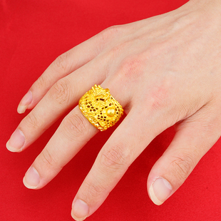 越南沙金霸气龙形戒指镀金开口戒子男士仿真黄金镂空图腾久不褪色