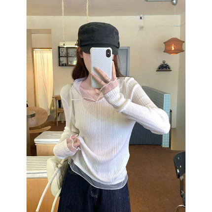 韩系白色网纱拼接V领长袖针织衫女秋冬装打底衣女内搭高级感上衣