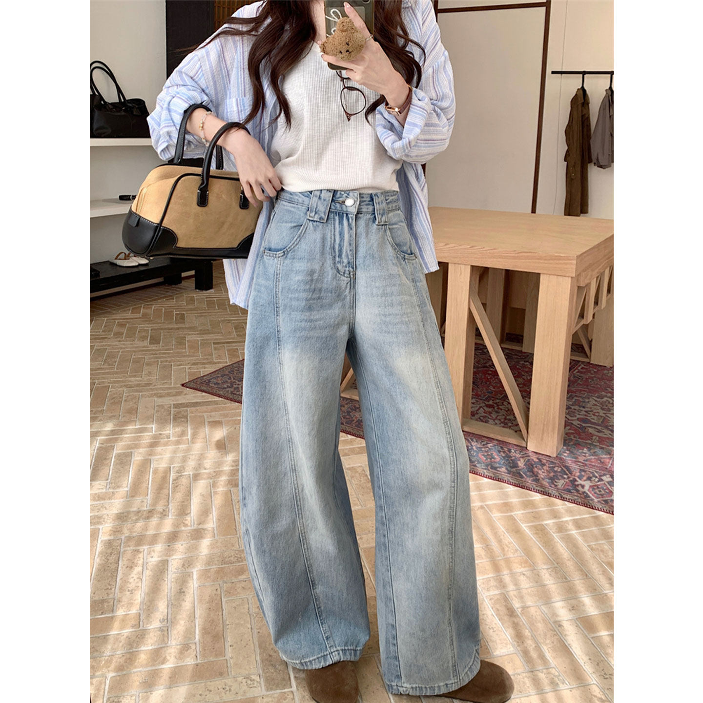 休闲阔腿弯刀设计蓝色牛仔裤女2026春季新款高腰显瘦宽松直筒长裤,女装/女士精品,牛仔裤,淘宝优惠券,粉丝福利购,淘宝优惠卷