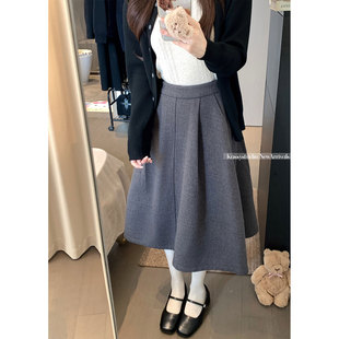绝美巨好看毛呢灰色半身裙女春季韩系长裙a字裙子冬季轻奢高级感