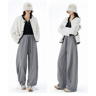 宽松百搭显瘦休闲直筒阔腿裤 美式 子 女装 秋冬超好看加厚灰色运动裤