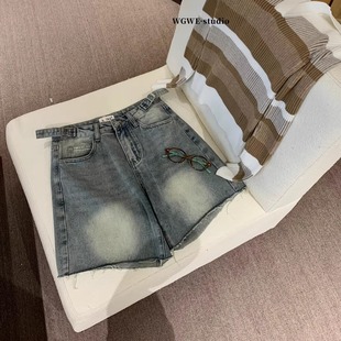 裤 复古蓝水洗做旧牛仔裤 型超好看 时髦版 子 流苏毛边宽松阔腿短裤